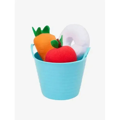 Light blue felt lemieux toy pony treat bucket multi filled with plush fruit and vegetable toys for pony play