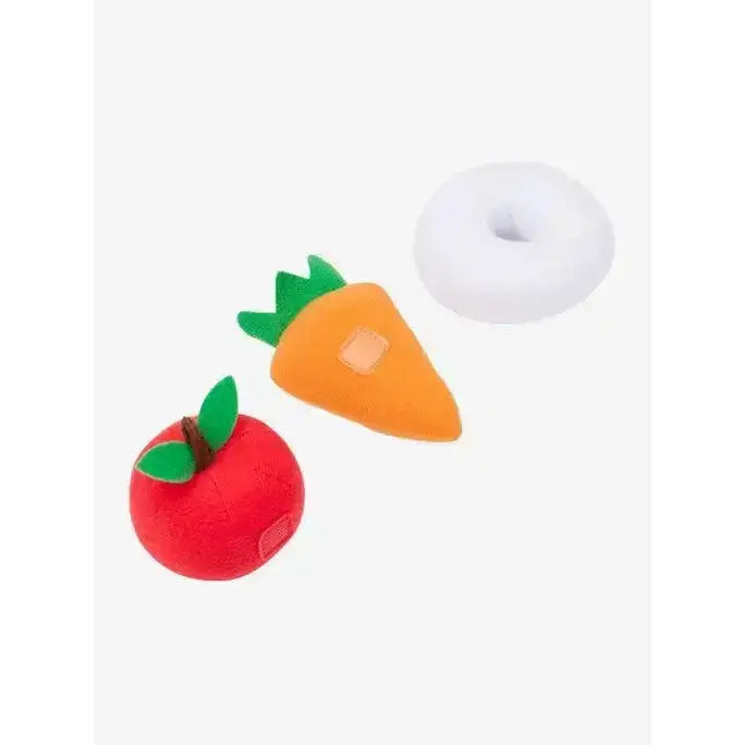 Set of three plush fruit and vegetable erasers in red orange and white for lemieux toy pony treat bucket multi
