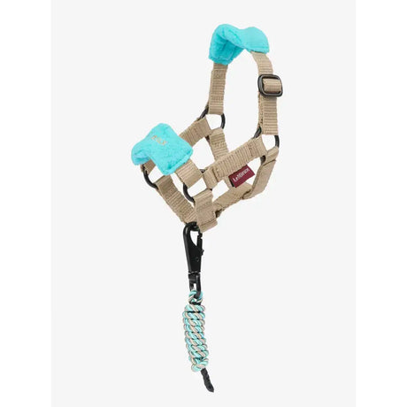 Beige lemieux toy pony harness with turquoise plush bone attachments and matching coiled pony vogue headcollar azure leash