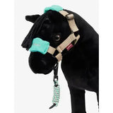 Teal plush lemieux toy pony head with tan vogue headcollar azure and matching braided leash