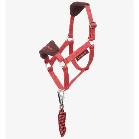Red lemieux toy pony vogue headcollar with brown padded ear covers and braided leadrope cranberry for ponies