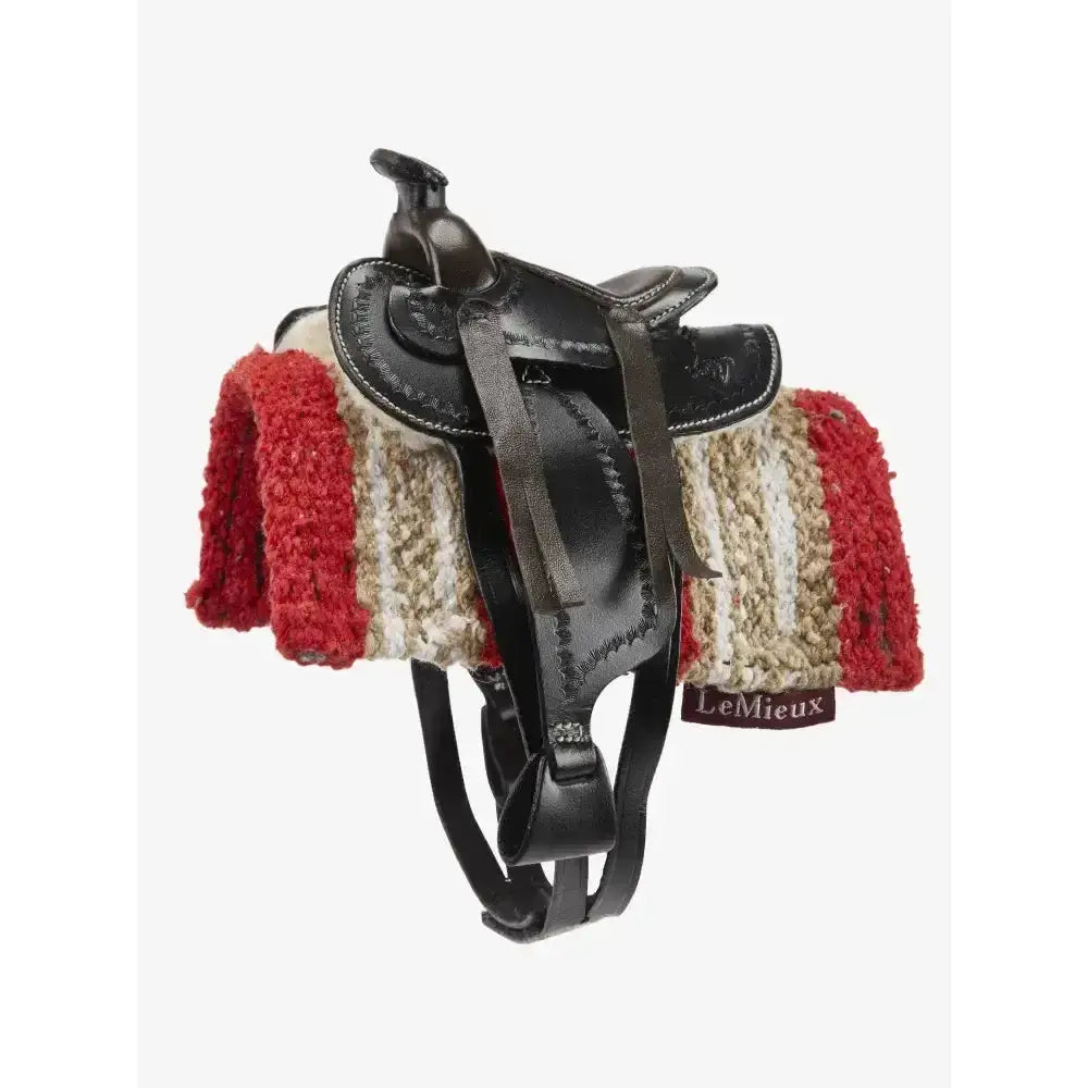 Black leather lemieux toy pony western saddle with red and cream striped fleece blanket authentic miniature western