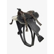 Black leather lemieux toy pony western saddle with brown accents white stitching and plush sheepskin pad authentic miniature western
