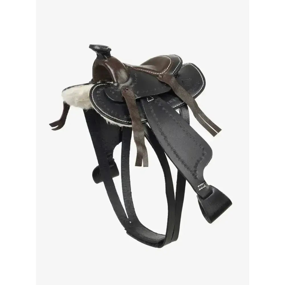 Black leather lemieux toy pony western saddle with brown accents white stitching and plush sheepskin pad authentic miniature western