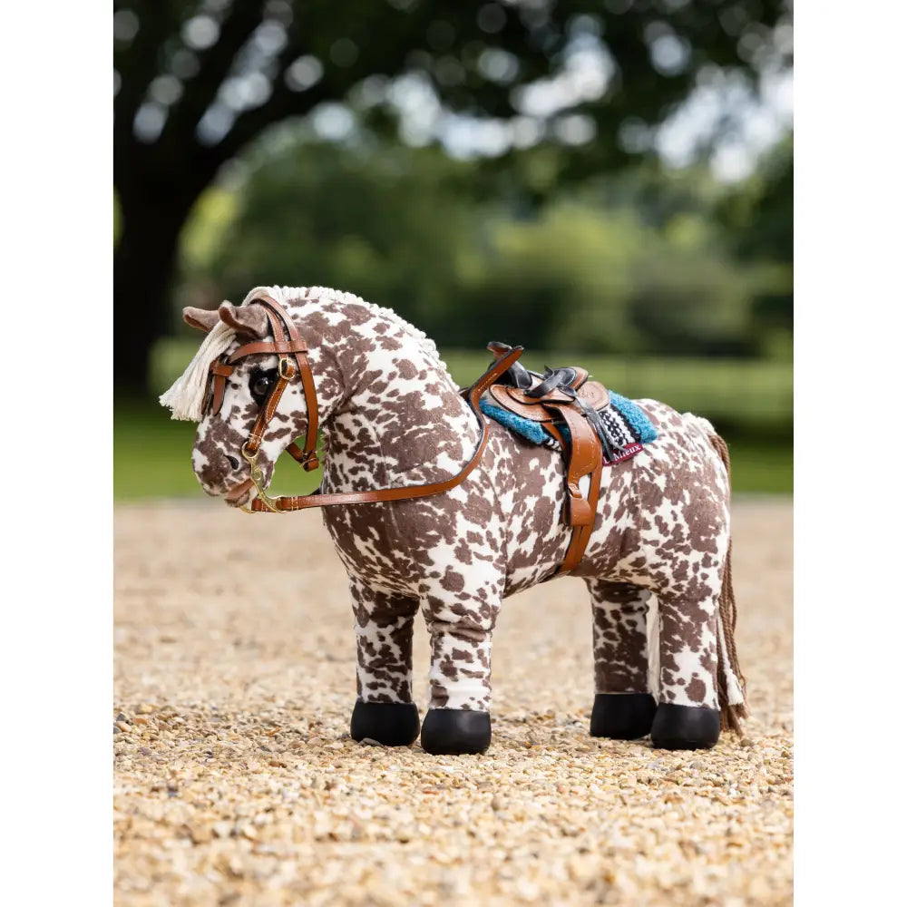 Stuffed Lemieux Toy Pony with saddle and bridle in brown and white spotted pattern