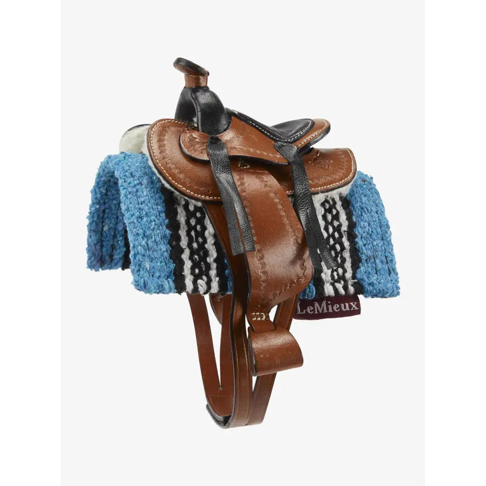 Western-style leather saddle with blue and white blanket for Lemieux Toy Pony