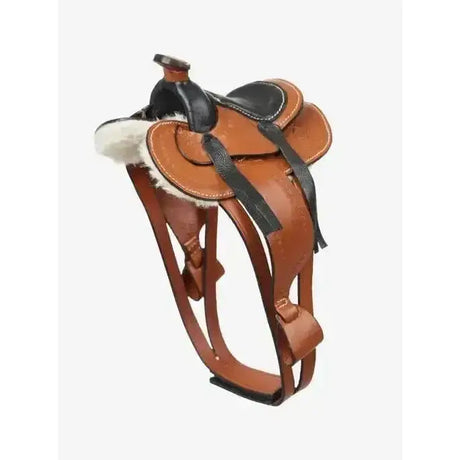 Lemieux toy pony tan leather western saddle with black accents and white shearling authentic miniature western saddle