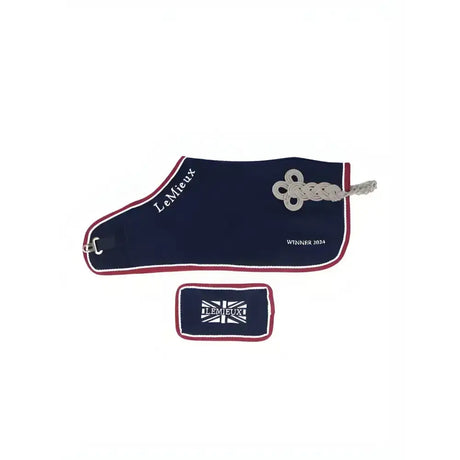 Navy blue lemieux toy pony winners rug with maroon trim silver hardware winner 2024 text and union jack pouch