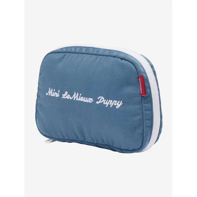 Blue toiletry bag for Lemieux Toy Puppy Grooming Kit Ice Blue with white text and red tag