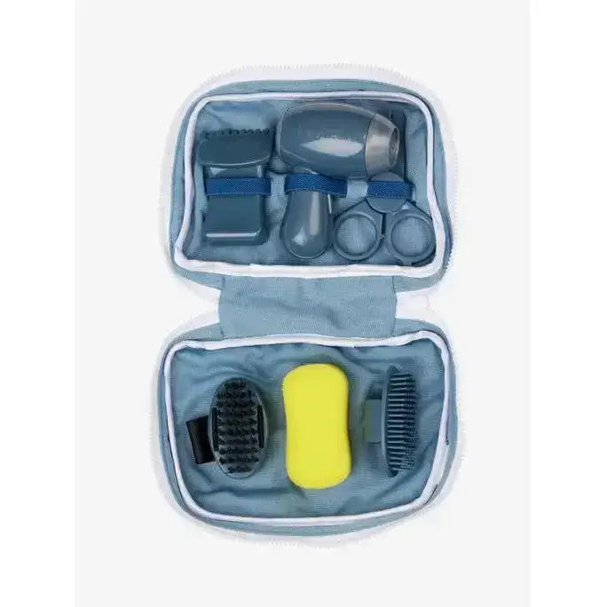 Lemieux toy puppy grooming kit ice blue with gray and blue case includes yellow sponge brushes and hair dryer for puppies
