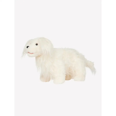 A plush white lemieux toy puppy luna with long fluffy fur and black button eyes perfect for cuddling