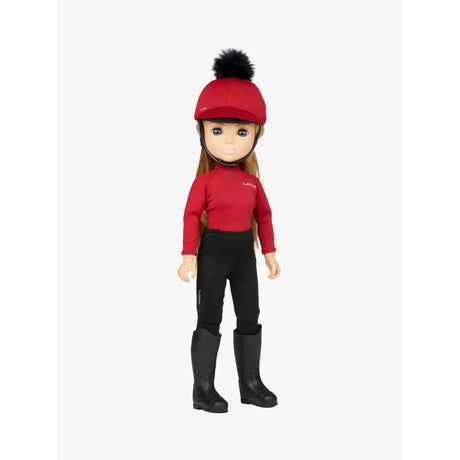 Red lemieux toy rider chloe doll in red helmet with black pom pom, red top, and black riding pants for toy pony play