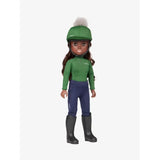 Lemieux toy rider maya equestrian doll wearing green helmet with white pom-pom and matching green shirt and navy pants