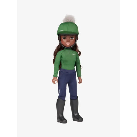 Lemieux toy rider maya equestrian doll wearing green helmet with white pom-pom and matching green shirt and navy pants