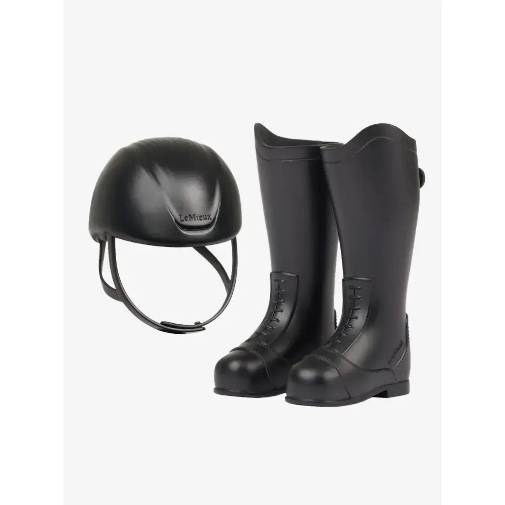 Black lemieux toy rider outfit with riding boots and helmet designed for comfort and style in equestrian use