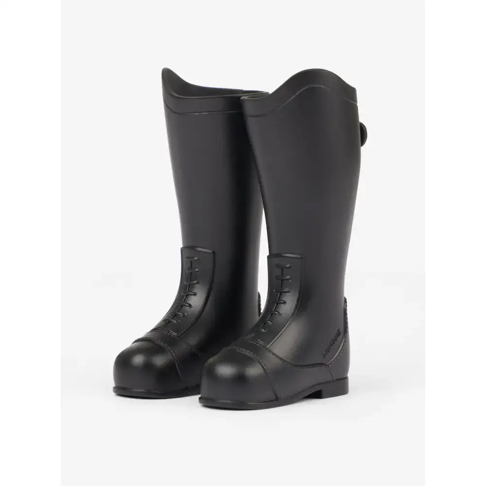 Black leather lemieux toy rider riding boots with glossy finish and classic lace-up design for toy rider outfit