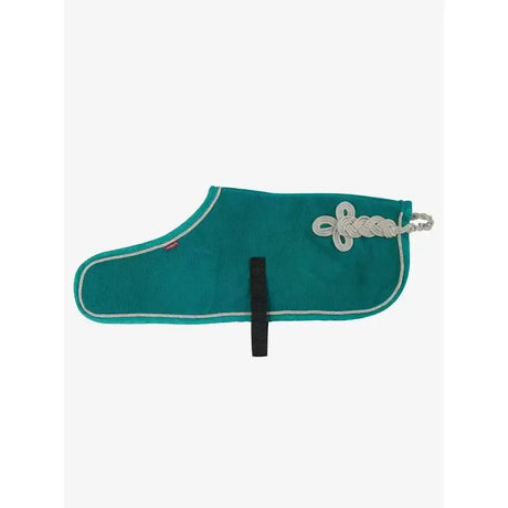 Teal lemieux toy rugs evergreen fleece rug with white stitching black strap and silver rope knot detail