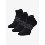 Black lemieux trainer socks with gray geometric pattern and silver logo on cuff perfect for trainers