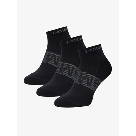 Black lemieux trainer socks with gray geometric pattern and silver logo on cuff perfect for trainers