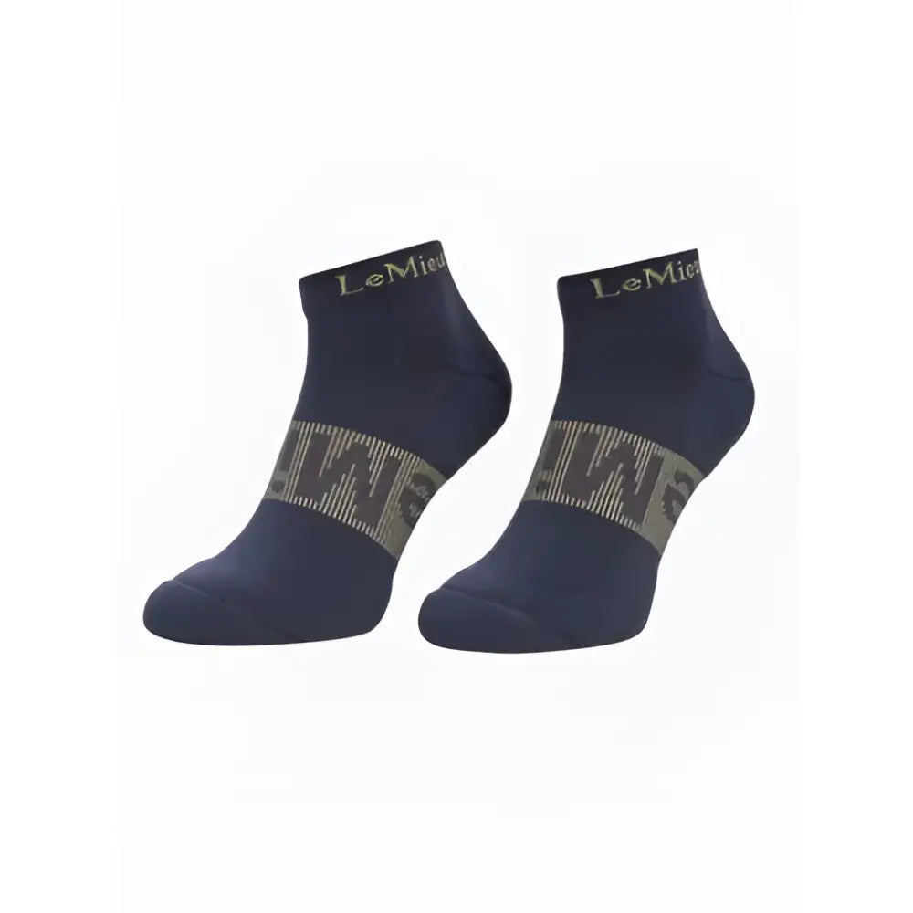 Navy blue lemieux trainer socks with metallic gold logo and foot stripes from pack rosewood dusk aqua