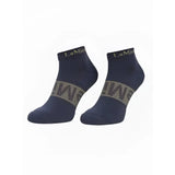 Navy blue lemieux trainer socks with metallic gold logo and foot stripes from pack rosewood dusk aqua