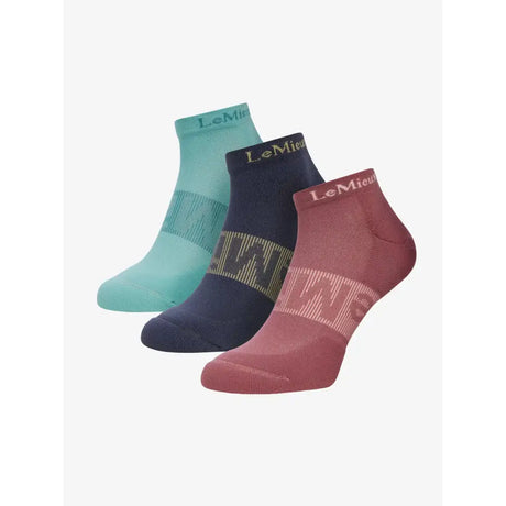 Set of three lemieux trainer socks pack rosewood dusk aqua in teal navy and rose with textured l pattern on foot
