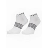 White lemieux trainer socks with gray striped band and branding on cuff perfect for everyday training