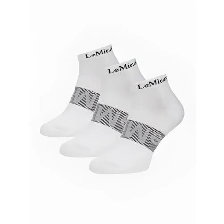 White lemieux trainer socks with gray patterned band and lemieux branding on cuff perfect for training use