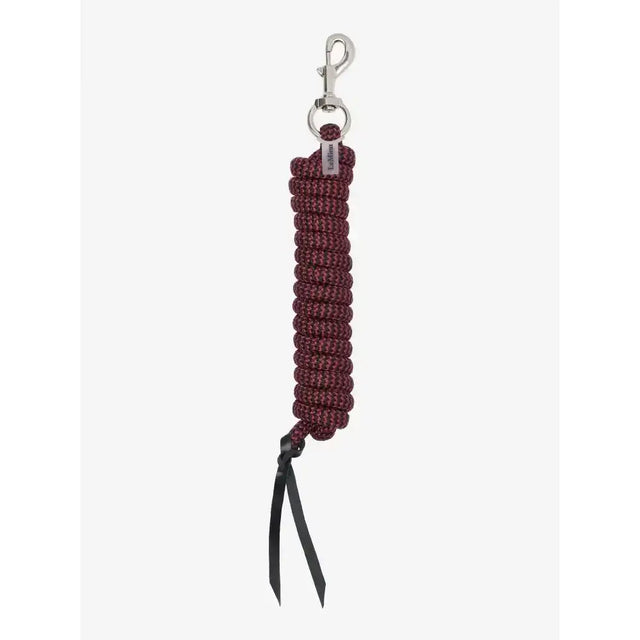 Maroon braided lemieux training leadrope ember with silver metal clip and black fabric ties for long training leadrope use