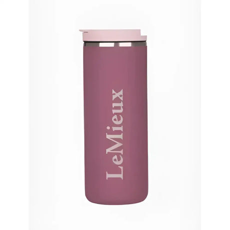 A sleek matte mauve lemieux travel cup rosewood with a light pink lid and lemieux engraved vertically on the side