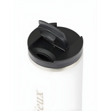 White Lemieux Travel Cup Stone with a black plastic lid for on-the-go drinking