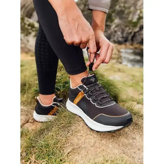 Black and white lemieux trax waterproof trainers cinder with tan leather accents perfect for outdoor use