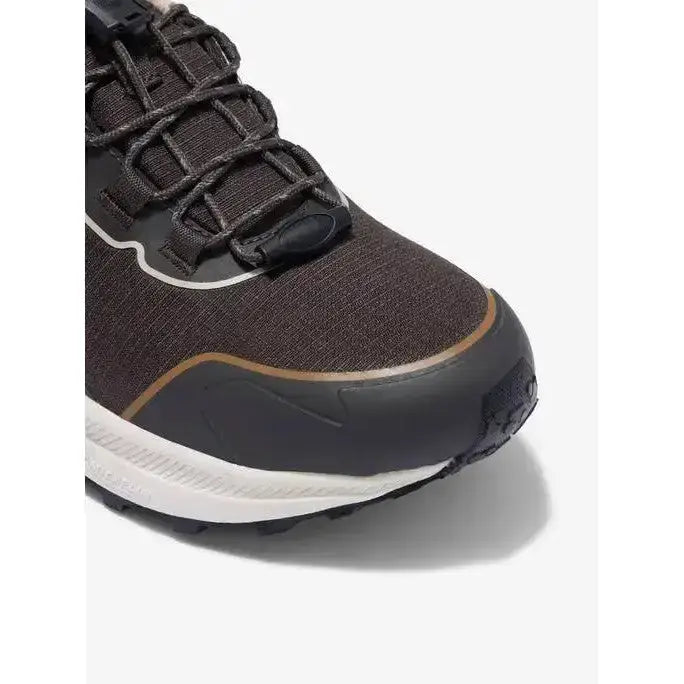 Dark brown lemieux trax 2.0 waterproof trainers cinder with black laces white stitching and rugged rubber sole