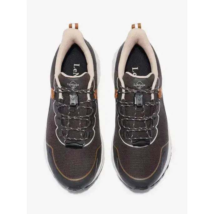Dark brown lemieux trax 2.0 waterproof trainers cinder with beige accents and textured upper featuring l l bean logo
