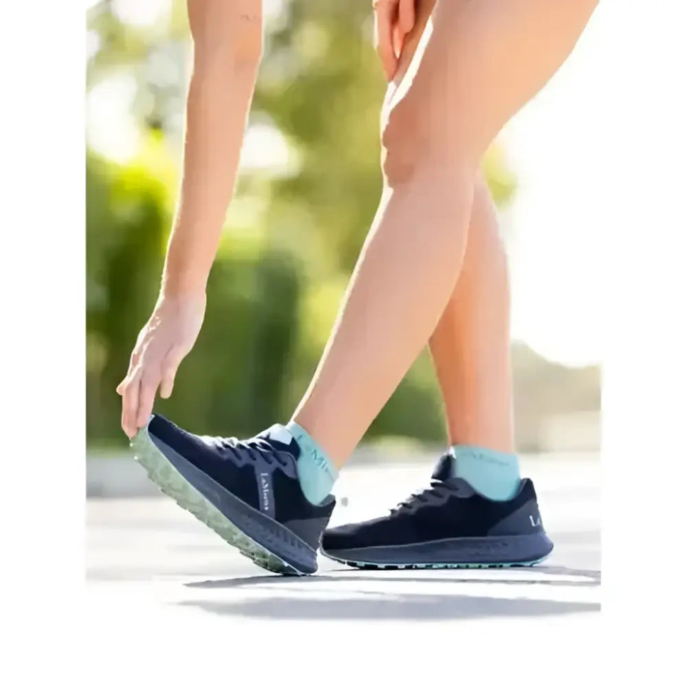 Black LeMieux Trax-Lite trainer dusk with textured grippy sole and light blue laces and heel perfect for equestrian use