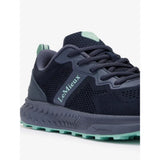 Dark navy mesh trainer dusk running shoe by lemieux with gray accents and mint green sole for equestrian use