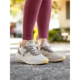 Light gray and beige le mieux trax-lite trainer pecan with breathable mesh upper and gum sole perfect for equestrian use