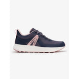 Navy blue and pink lemieux trax viva waterproof trainer dusk running shoe with white sole for all weather use