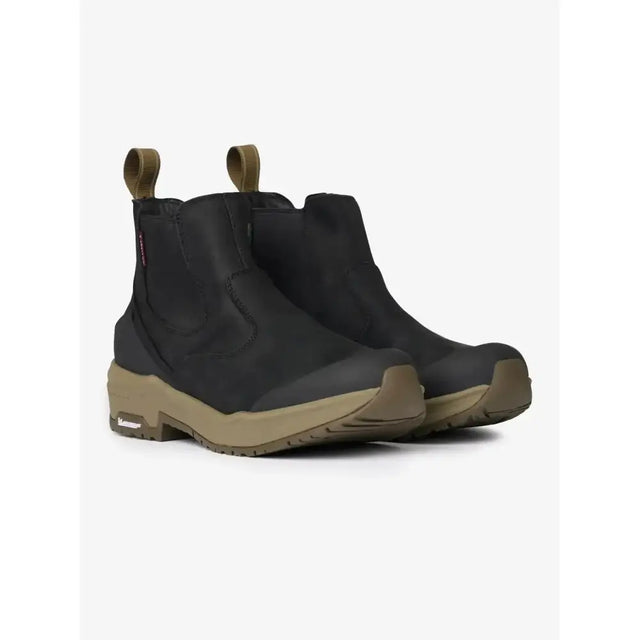 Black and olive green lemieux trax waterproof chelsea boots with rugged sole and stirrup-friendly heel design