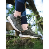 Olive green lemieux trax waterproof trainer khaki made with mesh and synthetic leather with white rubber soles