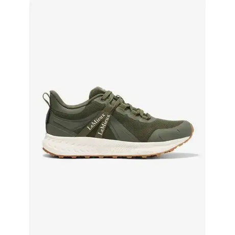 Olive green lemieux trax waterproof trainer khaki with mesh and synthetic overlays white midsole and gum outsole