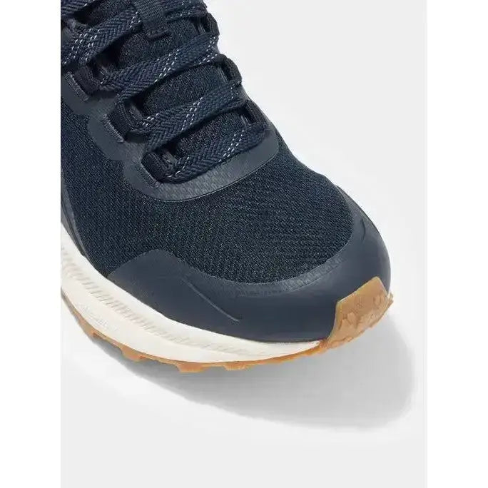 Dark navy lemieux trax waterproof trainer with mesh synthetic upper and tan rubber outsole for all-terrain use