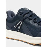 Dark navy lemieux trax waterproof all-terrain trainer with mesh synthetic leather and white sole with tan outsole