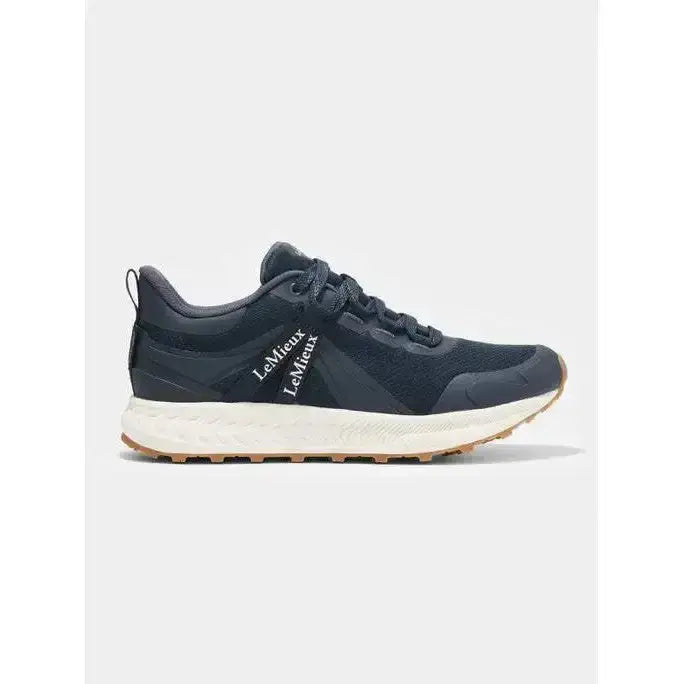 Black lemieux trax waterproof trainer navy with textured mesh upper white midsole and tan rubber outsole for all terrain use