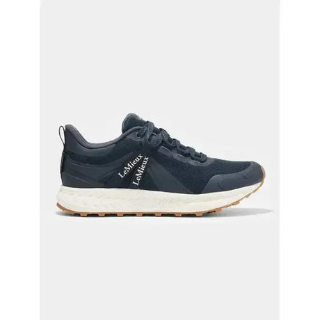 Black lemieux trax waterproof trainer navy with textured mesh upper white midsole and tan rubber outsole for all terrain use