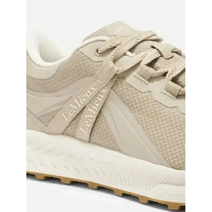 Beige mesh and synthetic leather lemieux trax waterproof trainer stone with lemieux branding on the laces