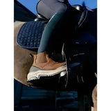 Brown suede lemieux traxion chelsea boots with white rubber sole gray accents and stirrup-friendly heel