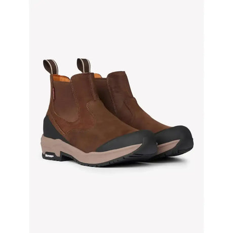 Brown suede lemieux traxion chelsea boots with black rubber toe caps tan midsole and stirrup-friendly heel pull tabs