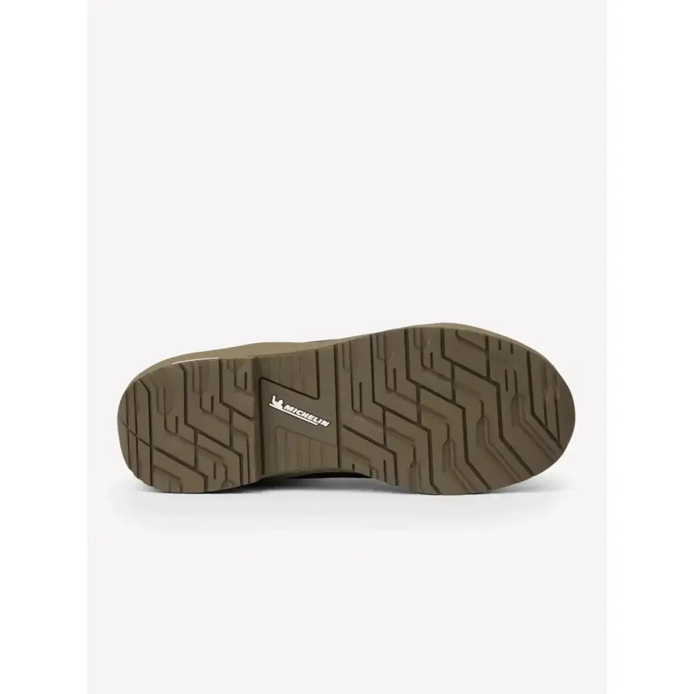 Olive green rubber sole with geometric tread and michelin logo on lemieux trax zip waterproof zip boots stirrup friendly heel