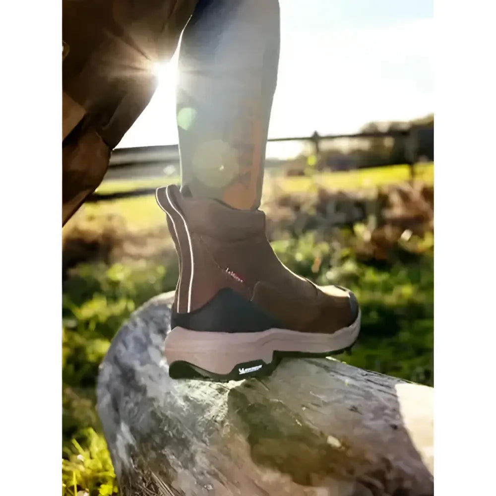 Lemieux traxion zip brown hiking boot with rugged sole, durable upper, and stirrup-friendly heel accents